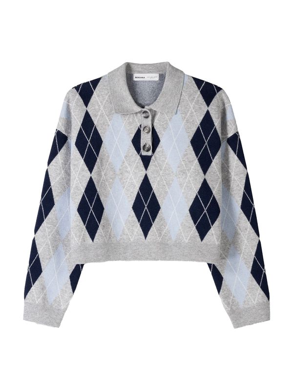 Bershka Bershka Pulover  mornarsko plava / svijetloplava / siva melange / bijela