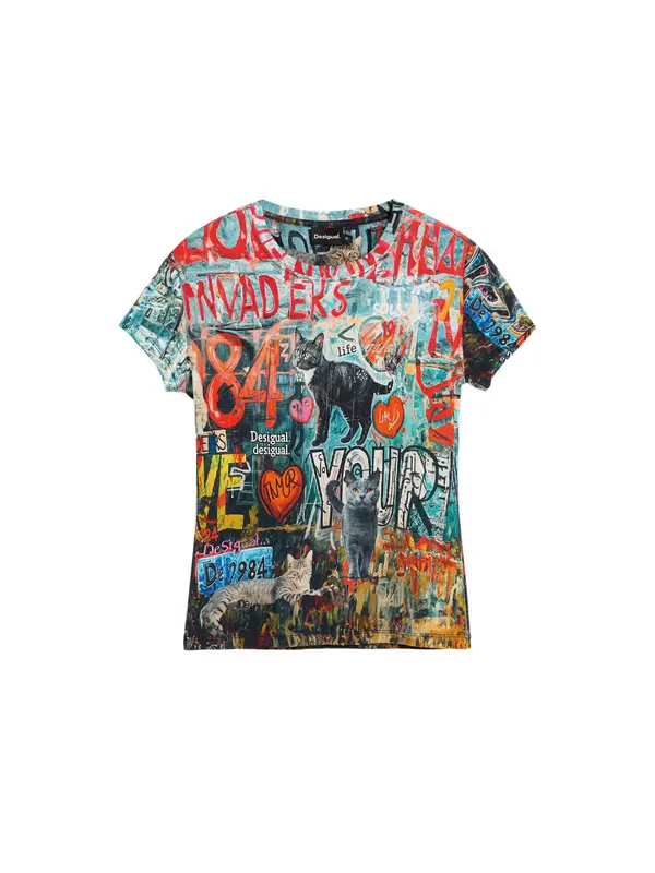 Desigual Desigual Majica 'Cats'  cijan plava / narančasto crvena / tamno crvena / crna