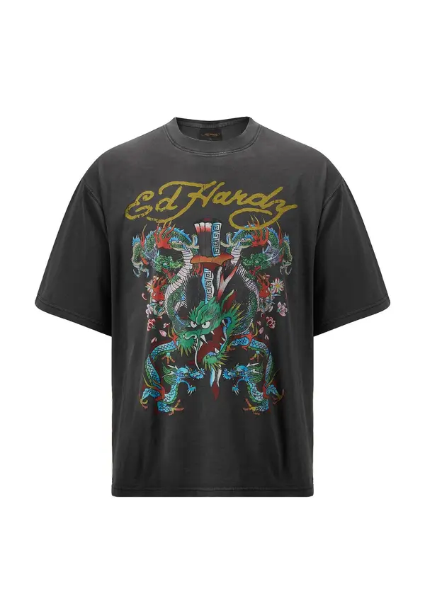 Ed Hardy Ed Hardy Majica 'Battle Of The Dragons'  limeta zelena / grafit siva / kraljevski zelena / bijela