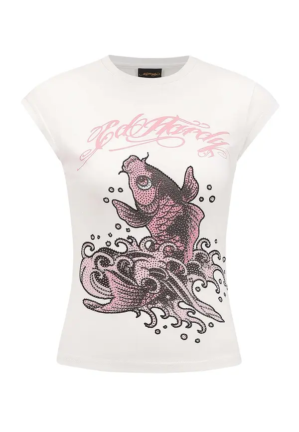 Ed Hardy Ed Hardy Majica 'Koi Fisch Steinen'  roza / crna / bijela