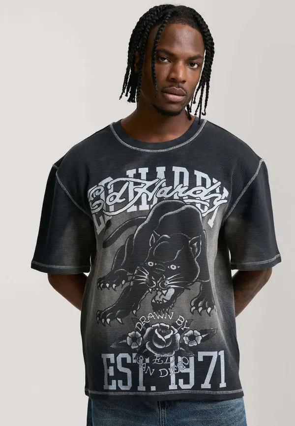 Ed Hardy Ed Hardy Majica 'Panther'  siva / crna / prljavo bijela