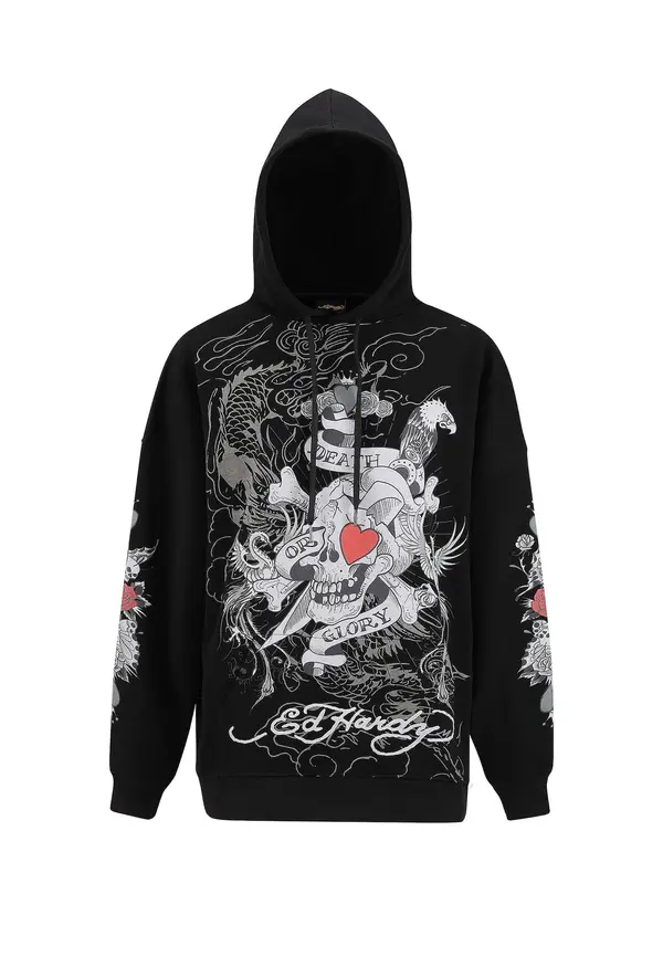 Ed Hardy Ed Hardy Sweater majica 'Death Or Glory Love'  siva / crvena / crna / bijela