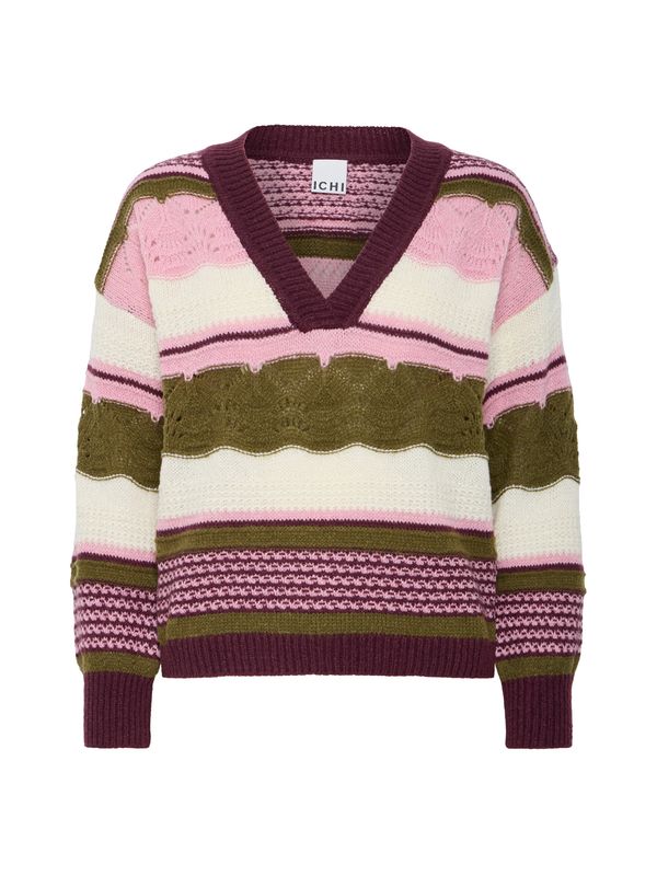 ICHI ICHI Pulover 'ASTRA'  maslinasta / roza / boja vina / vuneno bijela
