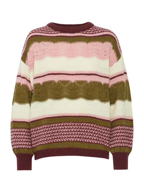 ICHI ICHI Pulover 'ASTRA'  maslinasta / roza / bordo / vuneno bijela