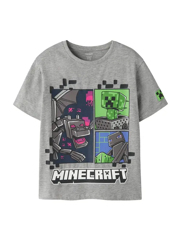 NAME IT NAME IT Majica 'NKMMYKIN MINECRAFT'  siva melange / svijetlozelena / crna / bijela