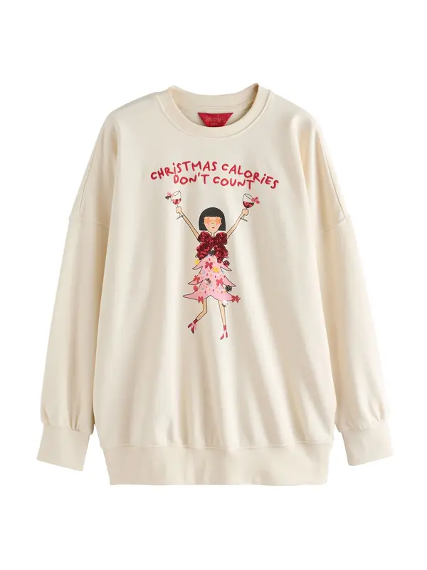 Next Next Sweater majica 'Calories Dont Count'  ecru/prljavo bijela / miks boja
