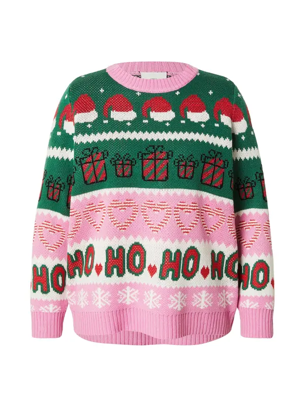 ONLY Carmakoma ONLY Carmakoma Pulover 'CARHOHO X-MAS'  tamno zelena / svijetloroza / vatreno crvena / bijela