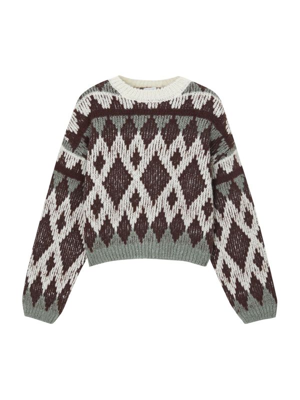 Pull&Bear Pull&Bear Pulover  tamno smeđa / svijetlosiva / žad / bijela