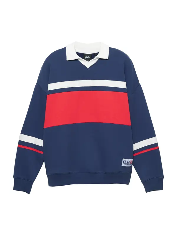 Pull&Bear Pull&Bear Sweater majica 'STWD'  mornarsko plava / crvena / bijela