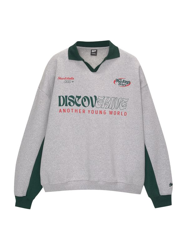 Pull&Bear Pull&Bear Sweater majica  svijetlosiva / tamno zelena / crvena