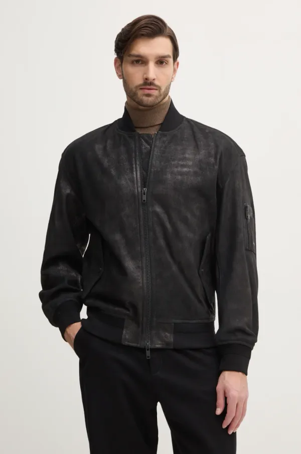 Boss Orange Bomber jakna od brušene kože Boss Orange za muškarce, boja: crna, za prijelazno razdoblje, 50529780