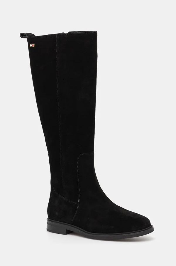 Tommy Hilfiger Čizme od brušene kože Tommy Hilfiger FLAG SUEDE LONG BOOT ZIP za žene, boja: crna, ravni potplat, FW0FW08178