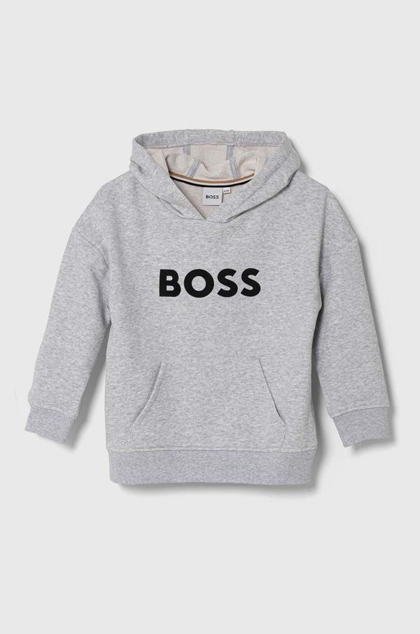 Boss Dječja dukserica BOSS boja: siva, s kapuljačom, s tiskom