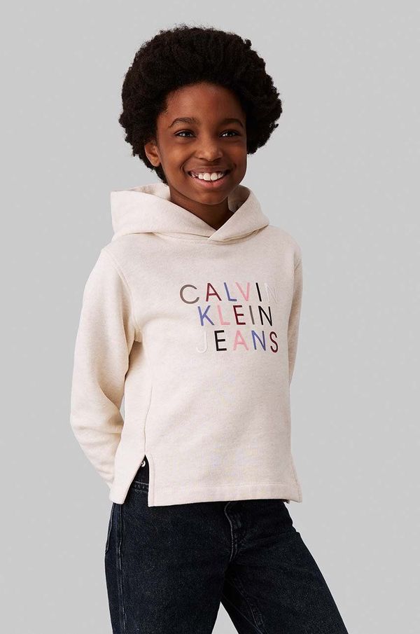 Calvin Klein Jeans Dječja dukserica Calvin Klein Jeans boja: bež, s kapuljačom, s aplikacijom, IG0IG02637