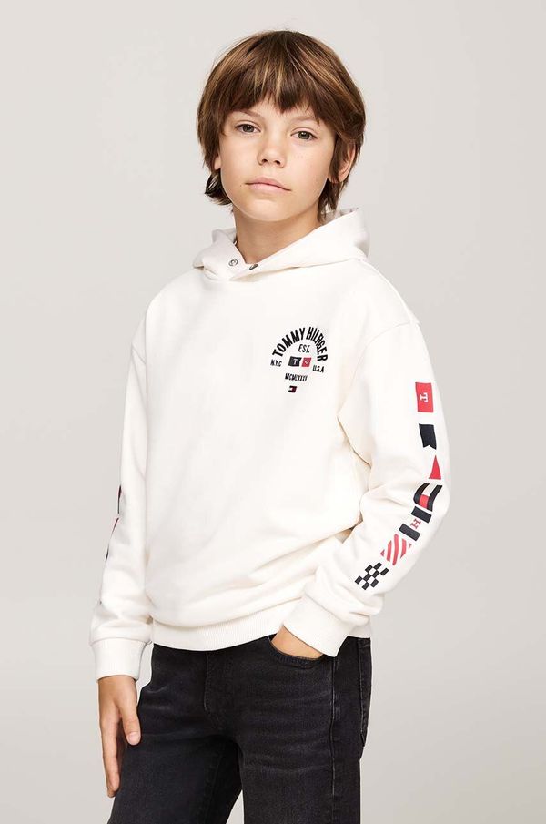 Tommy Hilfiger Dječja dukserica Tommy Hilfiger boja: bež, s kapuljačom, s tiskom, KB0KB09379