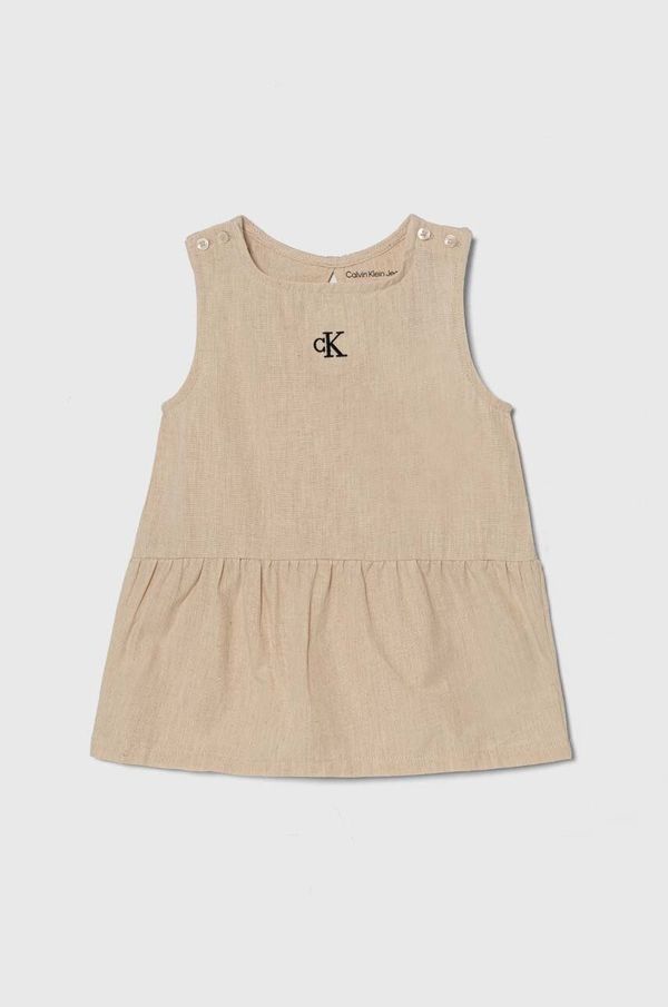 Calvin Klein Jeans Dječja haljina s dodatkom lana Calvin Klein Jeans boja: bež, mini, ravna