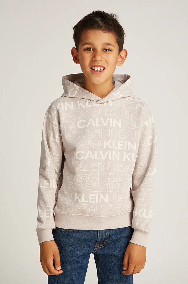 Calvin Klein Jeans Dječja pamučna dukserica Calvin Klein Jeans 0 boja: bež, s kapuljačom, s uzorkom, IB0IB02381