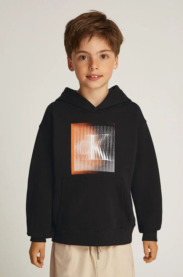 Calvin Klein Jeans Dječja pamučna dukserica Calvin Klein Jeans 0 boja: crna, s kapuljačom, s tiskom, IB0IB02380