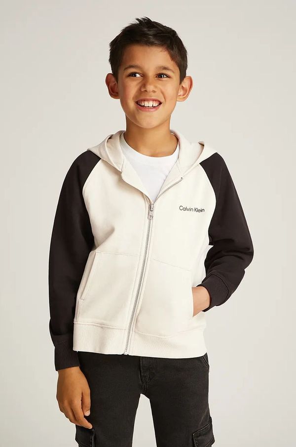 Calvin Klein Jeans Dječja pamučna dukserica Calvin Klein Jeans boja: bež, s kapuljačom, bez uzorka, IB0IB02378