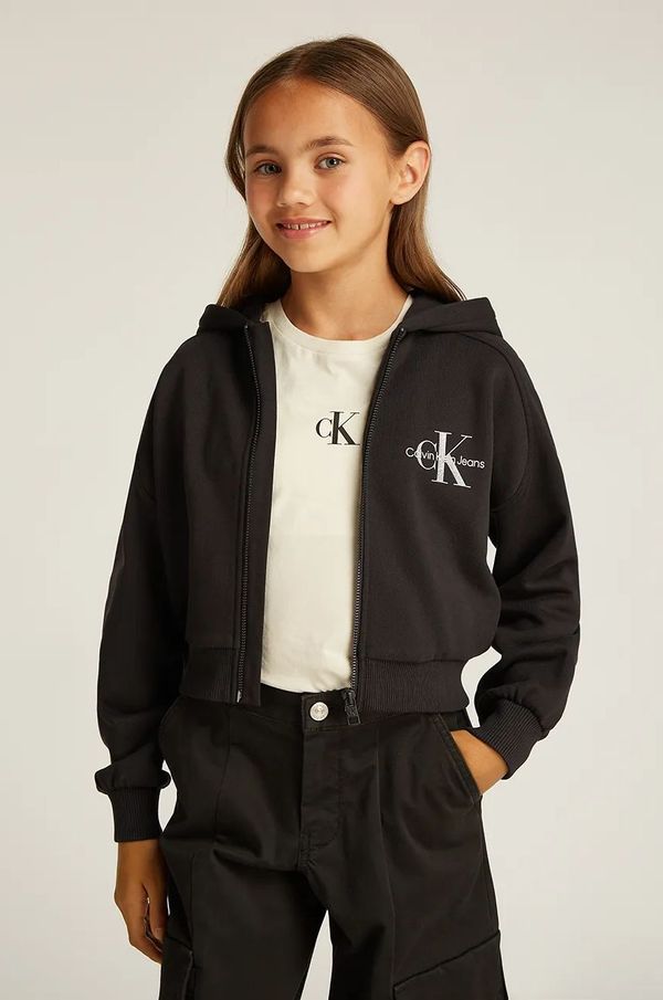 Calvin Klein Jeans Dječja pamučna dukserica Calvin Klein Jeans boja: crna, s kapuljačom, s tiskom, IG0IG02824