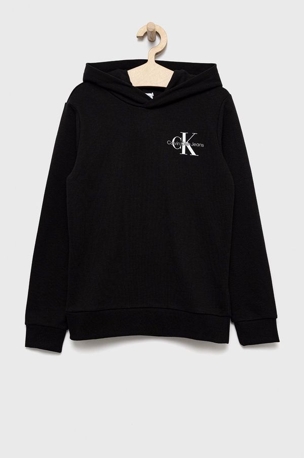 Calvin Klein Jeans Dječja pamučna dukserica Calvin Klein Jeans boja: crna, s kapuljačom, s tiskom