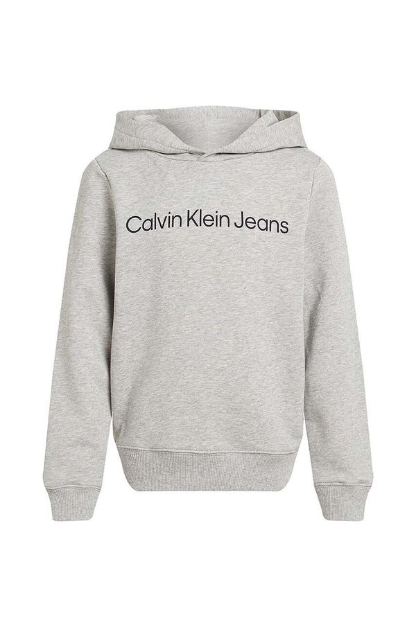 Calvin Klein Jeans Dječja pamučna dukserica Calvin Klein Jeans boja: siva, s kapuljačom, s tiskom, IU0IU00601