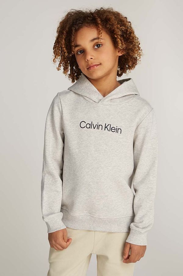 Calvin Klein Jeans Dječja pamučna dukserica Calvin Klein Jeans boja: siva, s kapuljačom, s tiskom, IU0IU00679