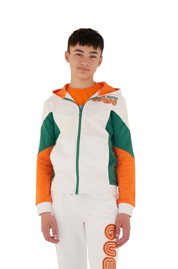 Guess Dječja pamučna dukserica Guess boja: bijela, s kapuljačom, s uzorkom