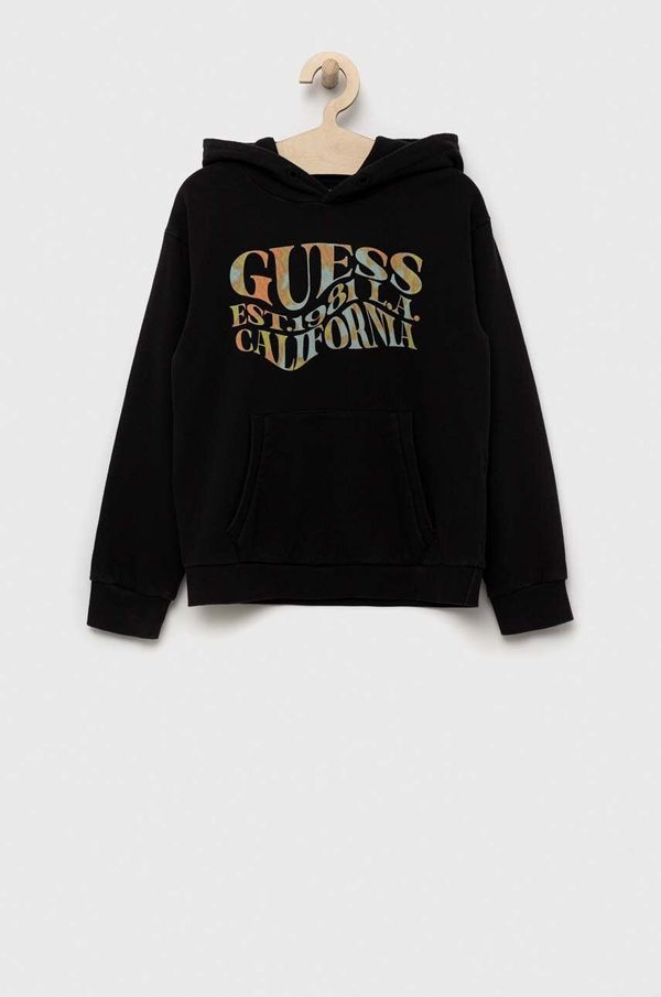 Guess Dječja pamučna dukserica Guess boja: crna, s kapuljačom, s uzorkom