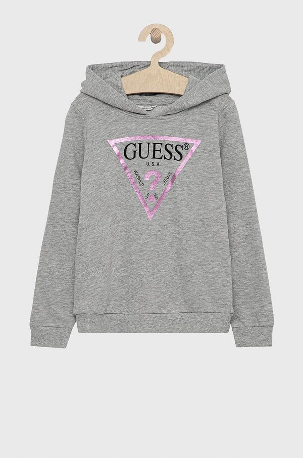 Guess Dječja pamučna dukserica Guess boja: siva, s kapuljačom