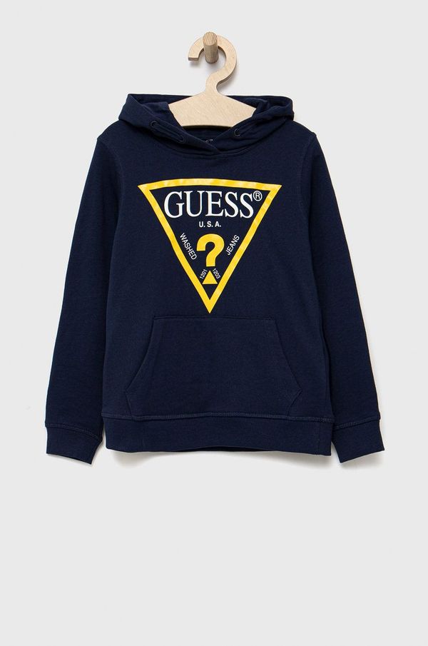 Guess Dječja pamučna dukserica Guess boja: tamno plava, s kapuljačom