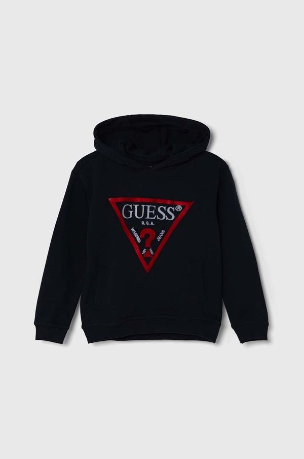 Guess Dječja pamučna dukserica Guess boja: tamno plava, s kapuljačom, s aplikacijom