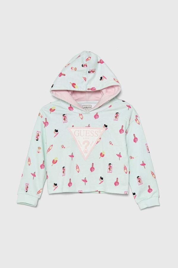 Guess Dječja pamučna dukserica Guess boja: tirkizna, s kapuljačom, s uzorkom