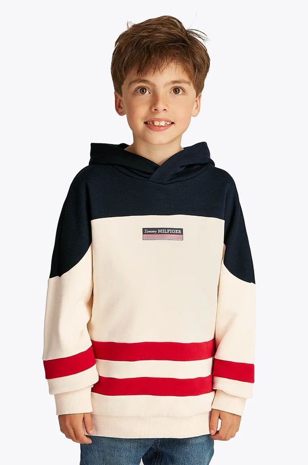 Tommy Hilfiger Dječja pamučna dukserica Tommy Hilfiger boja: bež, s kapuljačom, s aplikacijom, KB0KB09584
