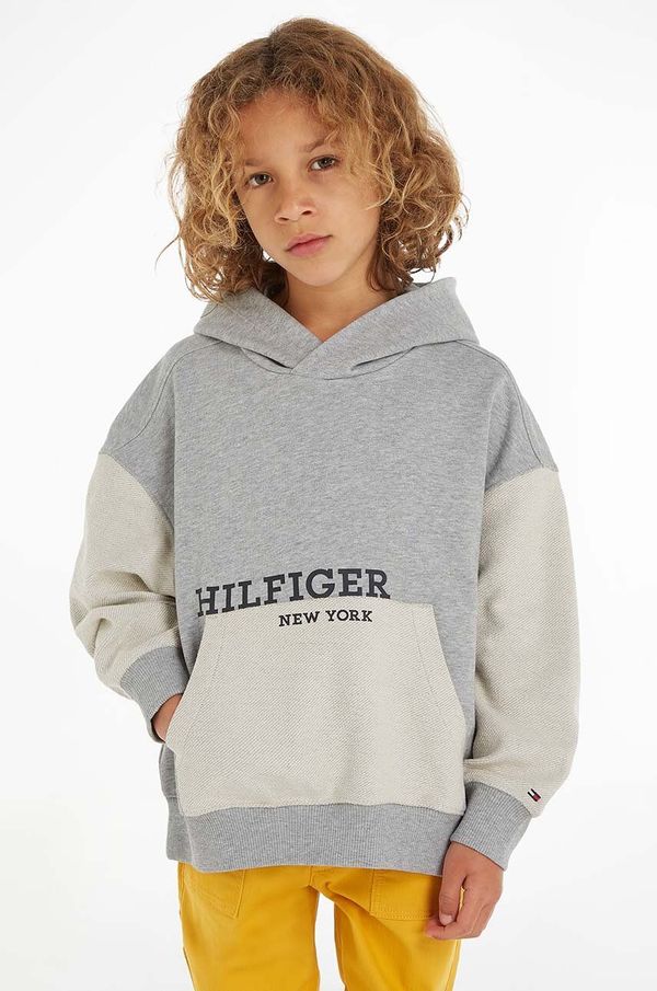 Tommy Hilfiger Dječja pamučna dukserica Tommy Hilfiger boja: siva, s kapuljačom, s uzorkom