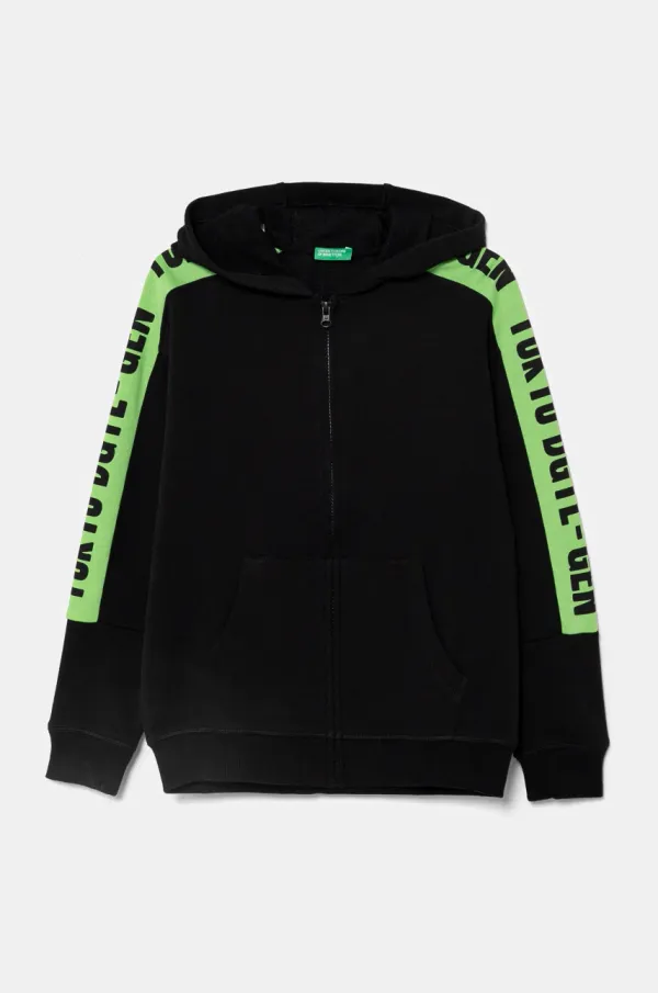 United Colors of Benetton Dječja pamučna dukserica United Colors of Benetton boja: crna, s kapuljačom, s tiskom, 3J68C504R