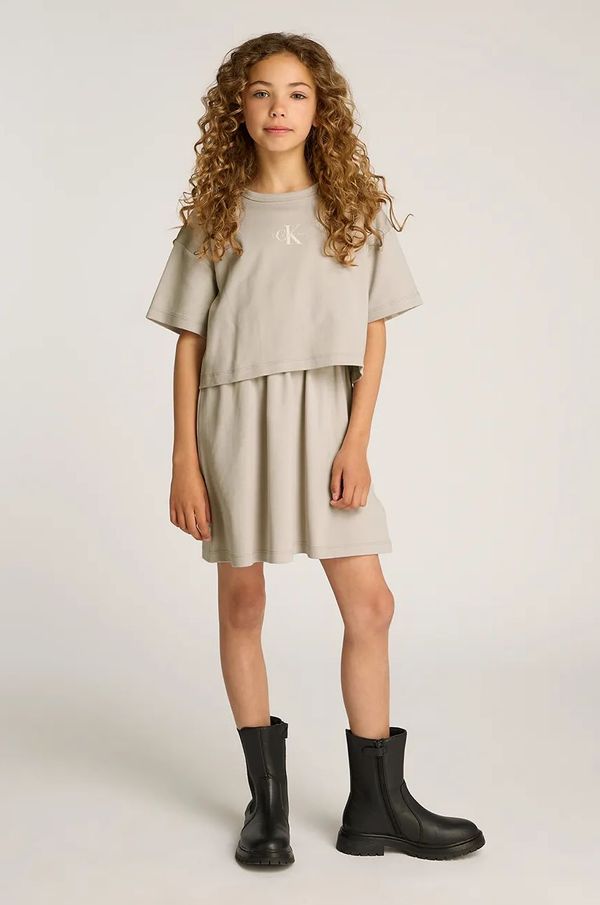 Calvin Klein Jeans Dječja pamučna haljina Calvin Klein Jeans boja: bež, mini, ravna, IG0IG02770