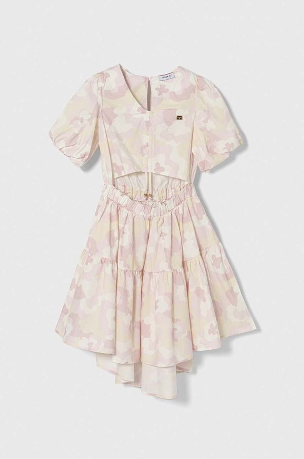 Pinko Up Dječja pamučna haljina Pinko Up boja: bež, midi, širi se prema dolje