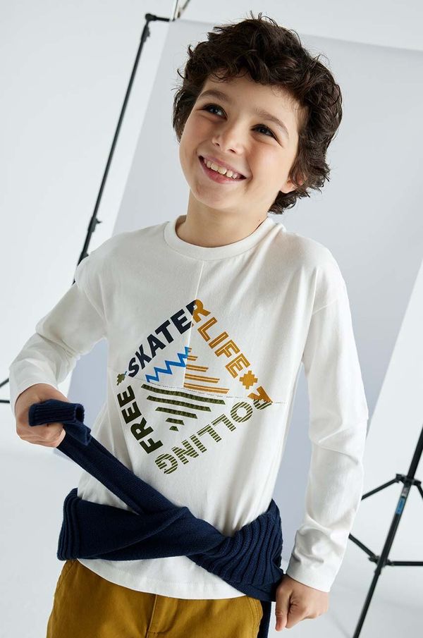 Mayoral Dječja pamučna majica dugih rukava Mayoral boja: bež, s tiskom, 7086