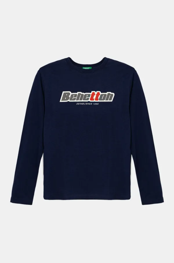 United Colors of Benetton Dječja pamučna majica dugih rukava United Colors of Benetton boja: tamno plava, s tiskom, 3I1XC10N5