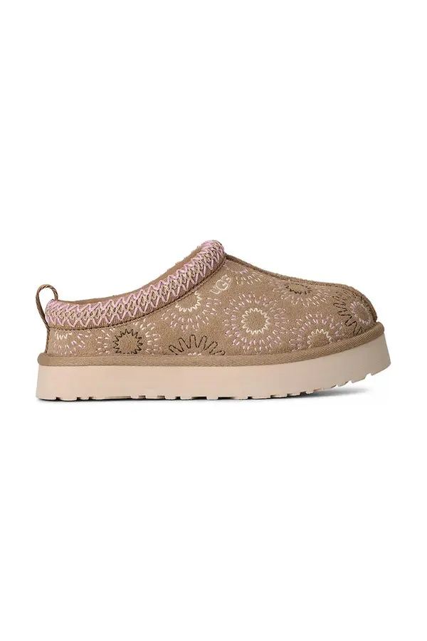 UGG Dječje kućne papuče od brušene kože UGG TAZZ SUN STITCH