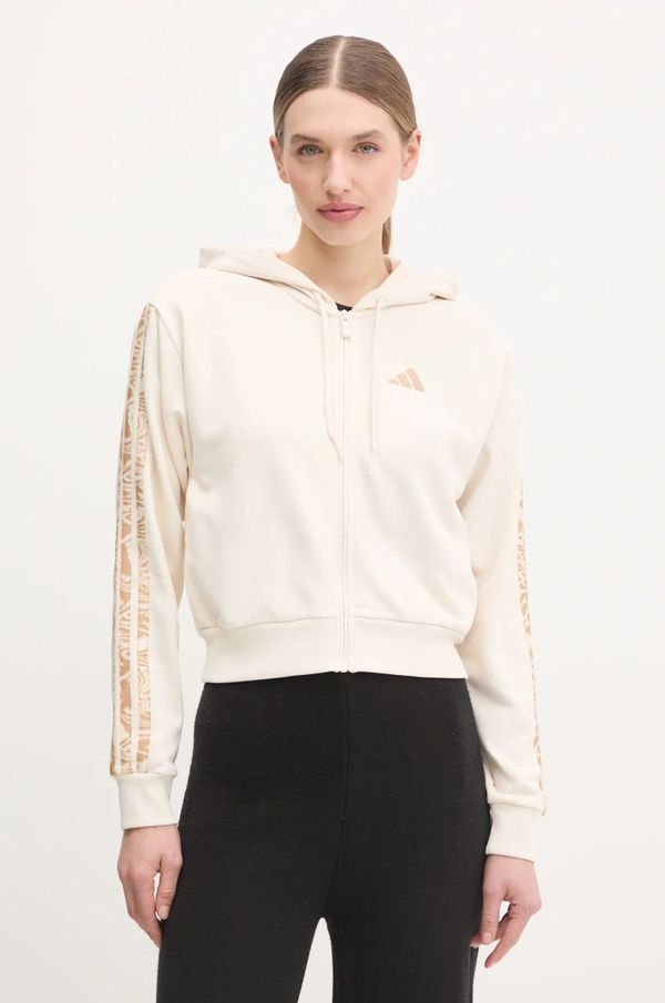 adidas Dukserica adidas Essentials Animal za žene, boja: bež, s kapuljačom, s uzorkom, JM1665