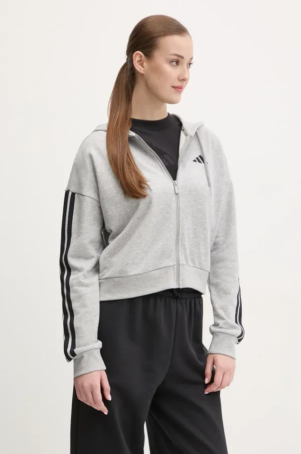 adidas Dukserica adidas Essentials za žene, boja: siva, s kapuljačom, s aplikacijom, JE0055