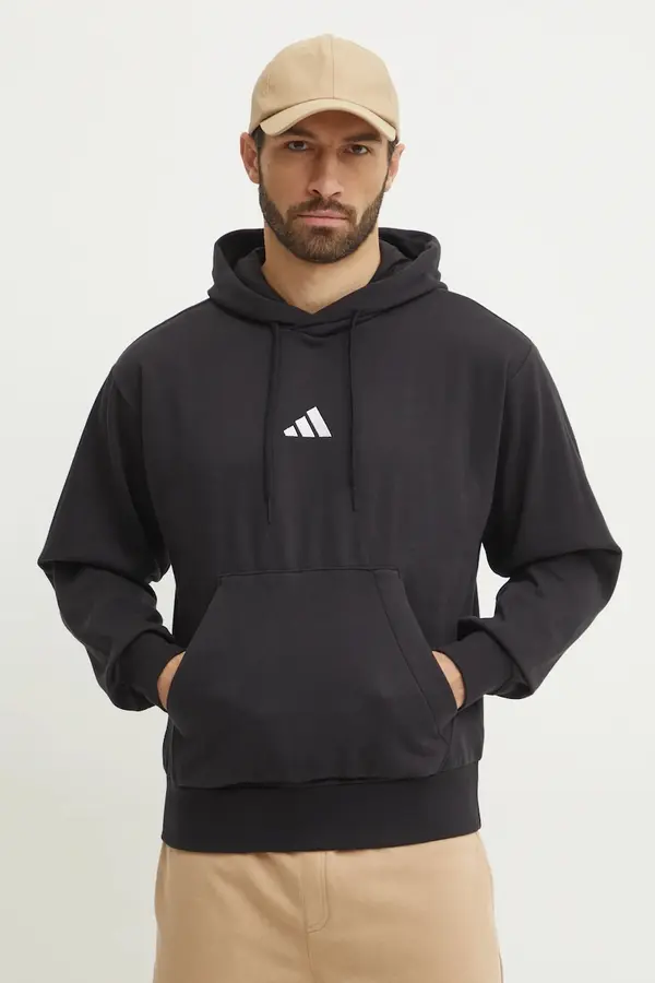 adidas Dukserica adidas Feelcozy za muškarce, boja: crna, s kapuljačom, s aplikacijom, JE3807