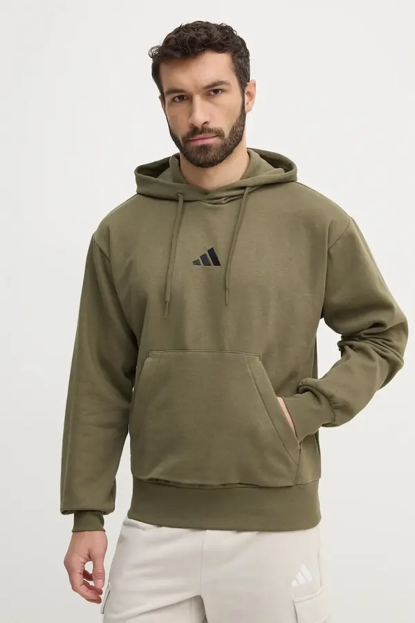 adidas Dukserica adidas Feelcozy za muškarce, boja: zelena, s kapuljačom, bez uzorka, JE3799