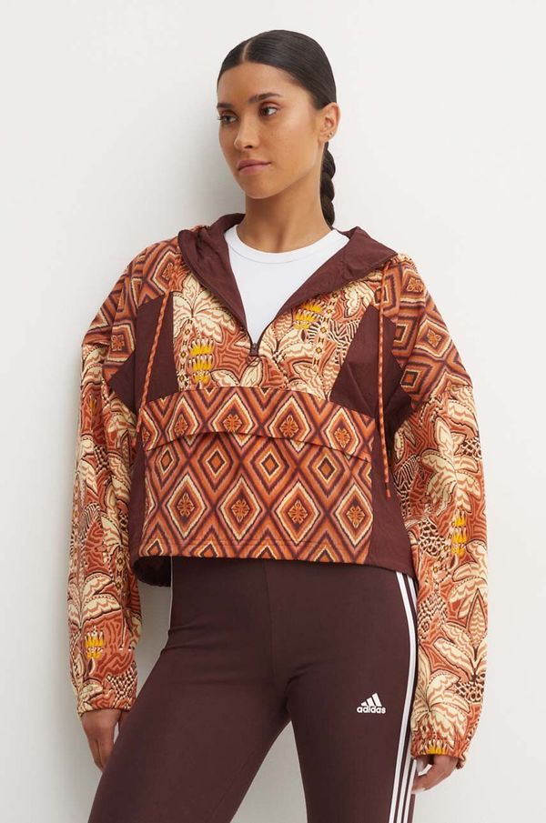 adidas Dukserica adidas x Farm Rio za žene, boja: smeđa, s kapuljačom, s uzorkom, IV9749