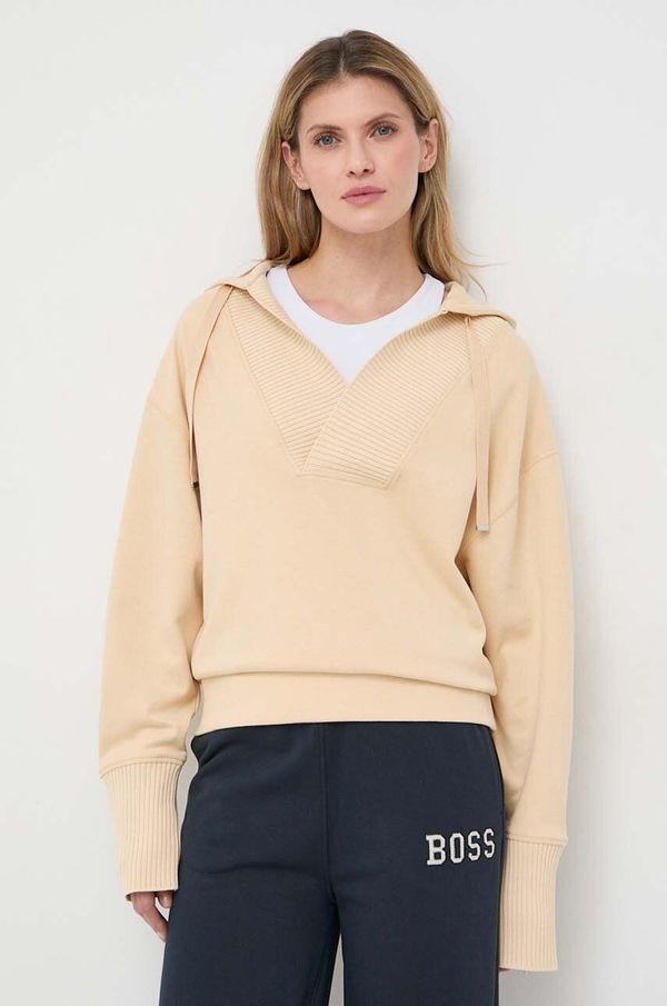 Boss Dukserica BOSS za žene, boja: bež, s kapuljačom, bez uzorka