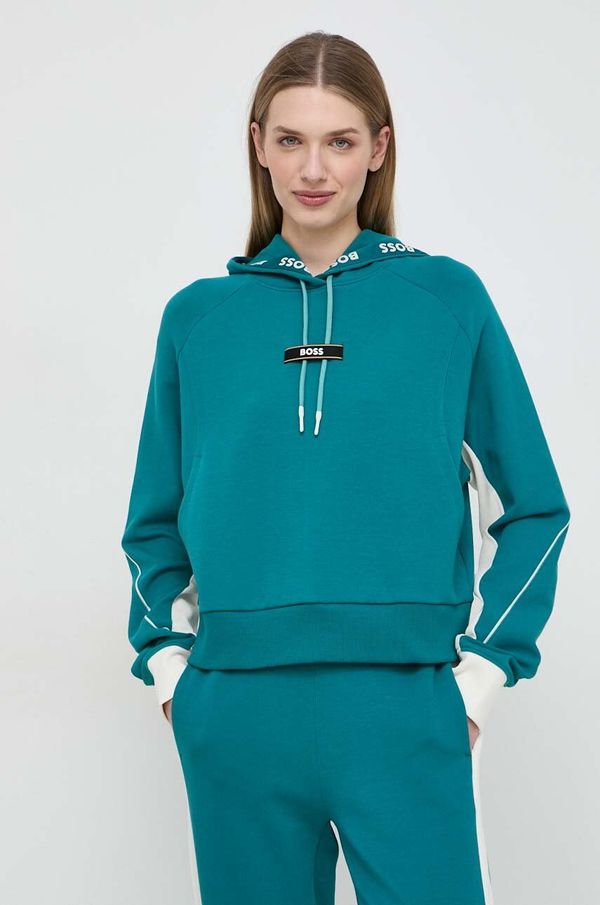Boss Dukserica BOSS za žene, boja: tirkizna, s kapuljačom, s uzorkom