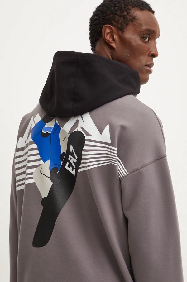 EA7 Emporio Armani Dukserica EA7 Emporio Armani za muškarce, boja: siva, s kapuljačom, s tiskom, AF10443.7M000020