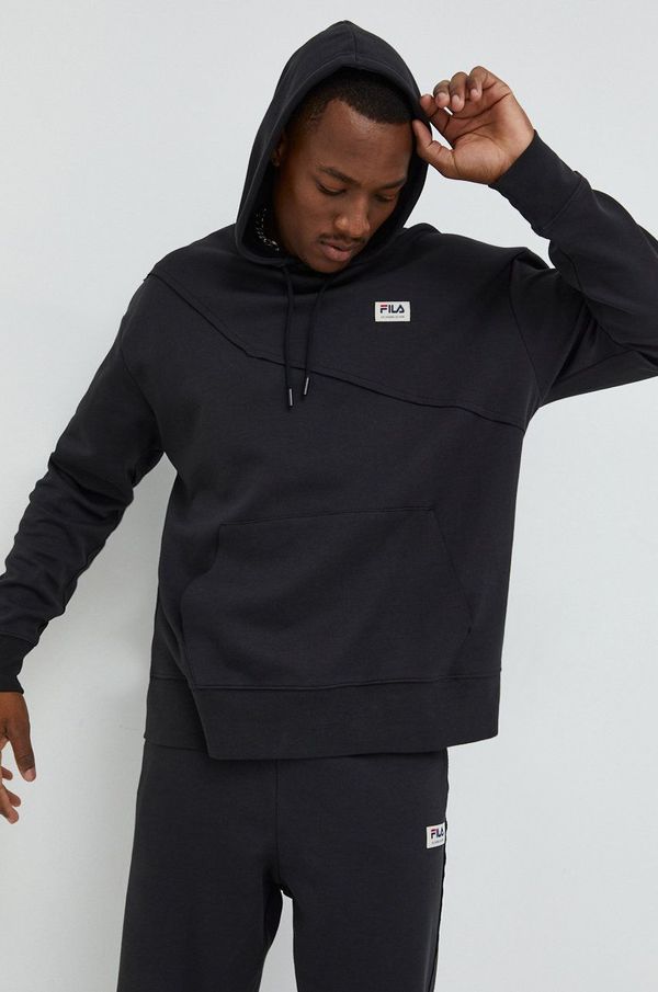 Fila Dukserica Fila za muškarce, boja: crna, s kapuljačom, s aplikacijom